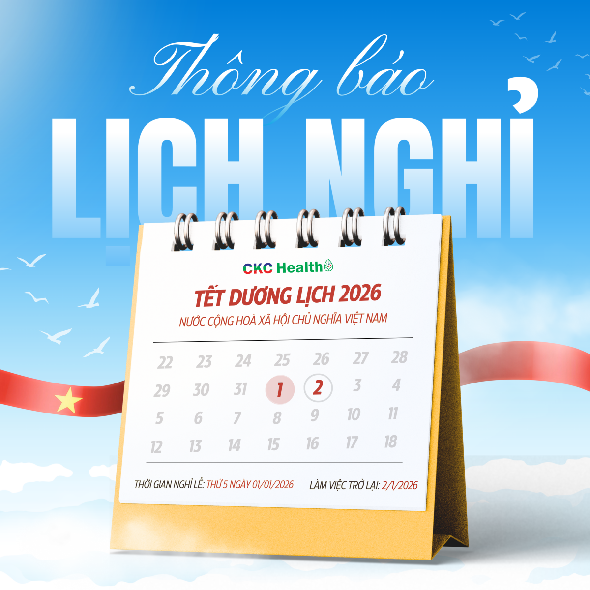 THÔNG BÁO LỊCH NGHỈ TẾT DƯƠNG LỊCH 2026 – CKC HEALTH